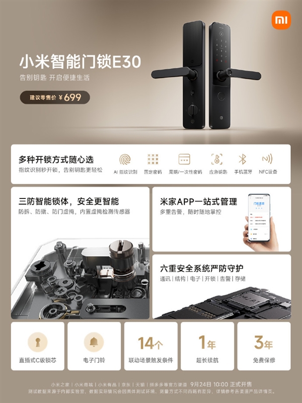 699元！小米智能门锁E30正式开售：三防智能锁体 六重安全